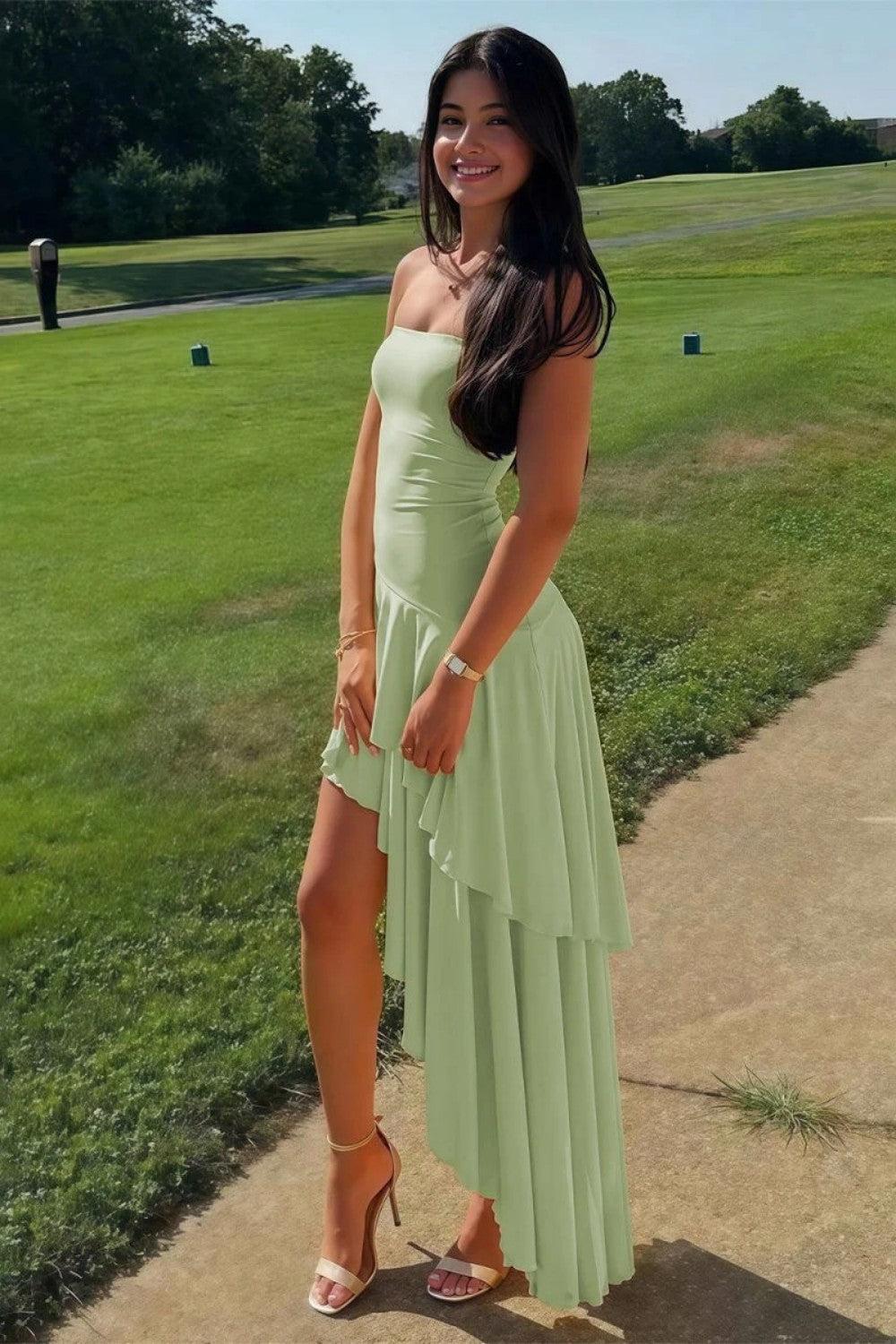 Charming Asymmetrical Strapless Blue Long Prom Dress With Ruffles Formal Evening Gown