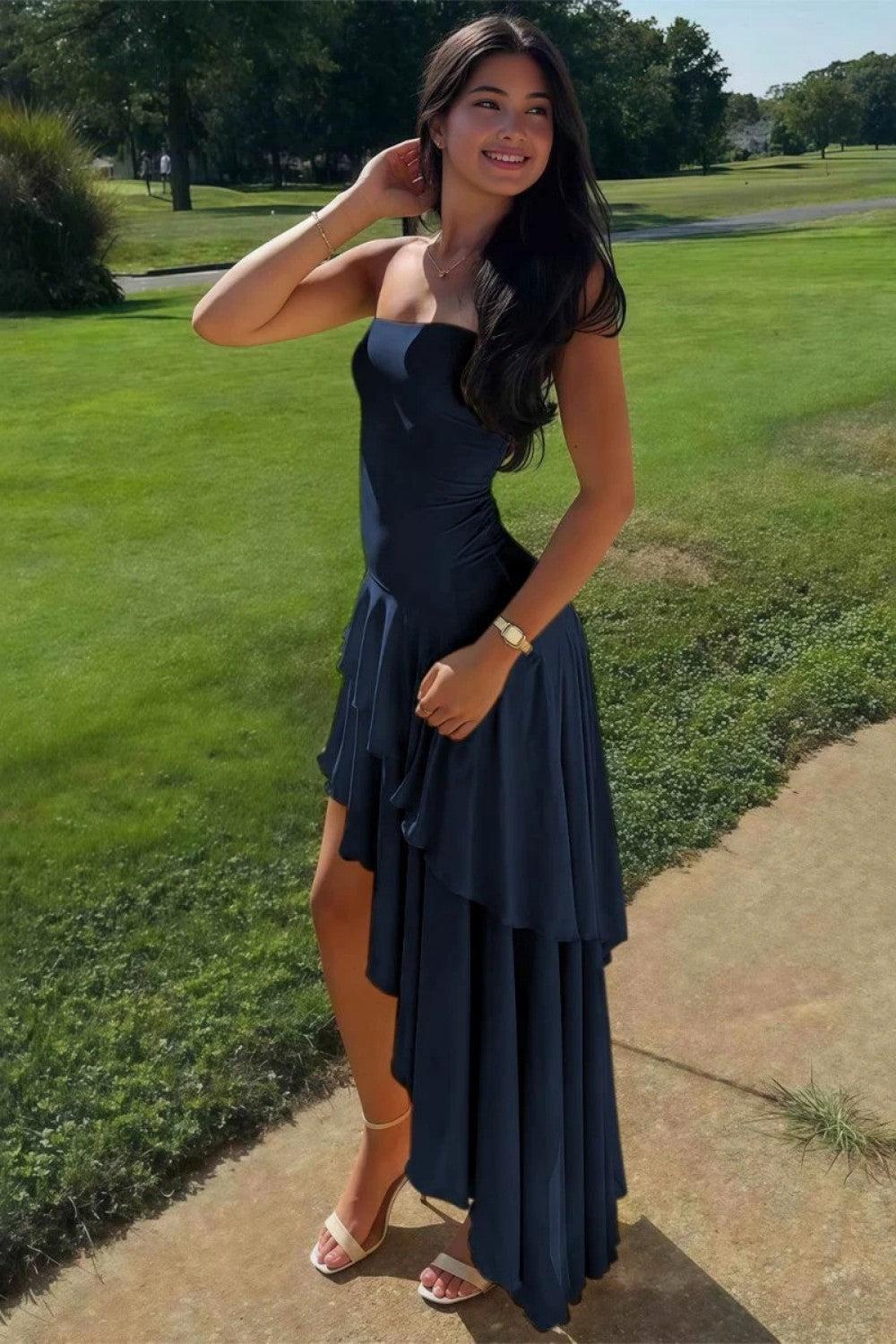 Charming Asymmetrical Strapless Blue Long Prom Dress With Ruffles Formal Evening Gown