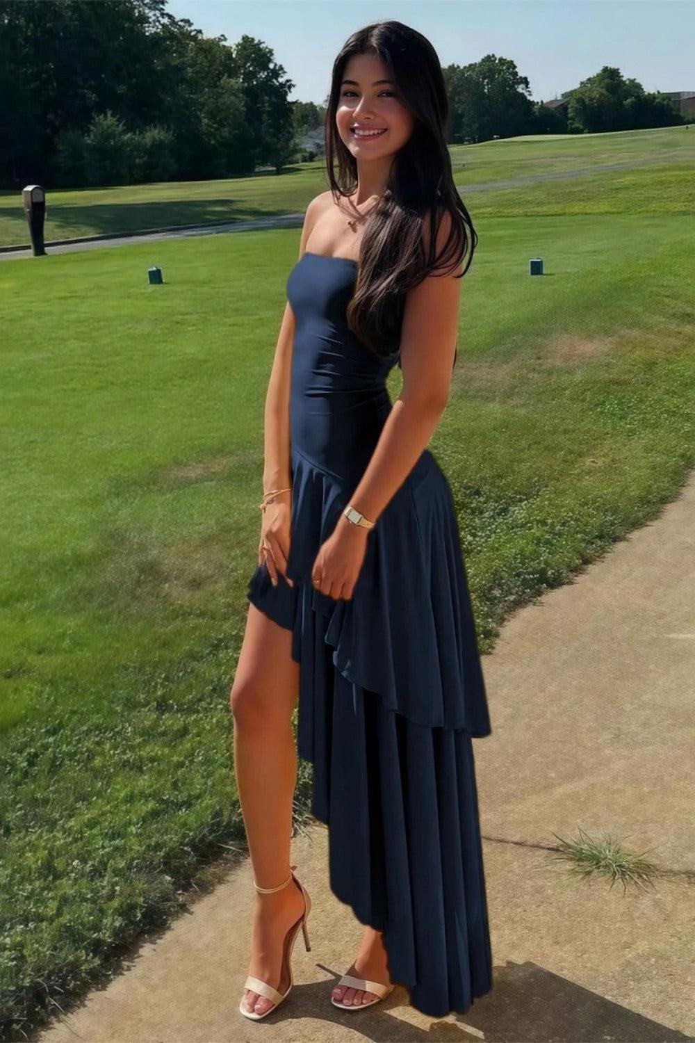 Charming Asymmetrical Strapless Blue Long Prom Dress With Ruffles Formal Evening Gown
