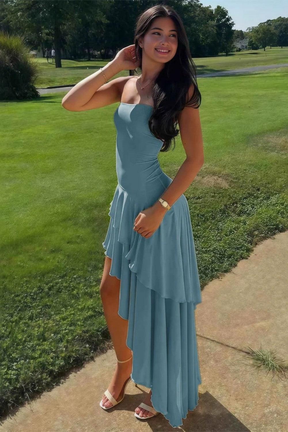 Charming Asymmetrical Strapless Blue Long Prom Dress With Ruffles Formal Evening Gown