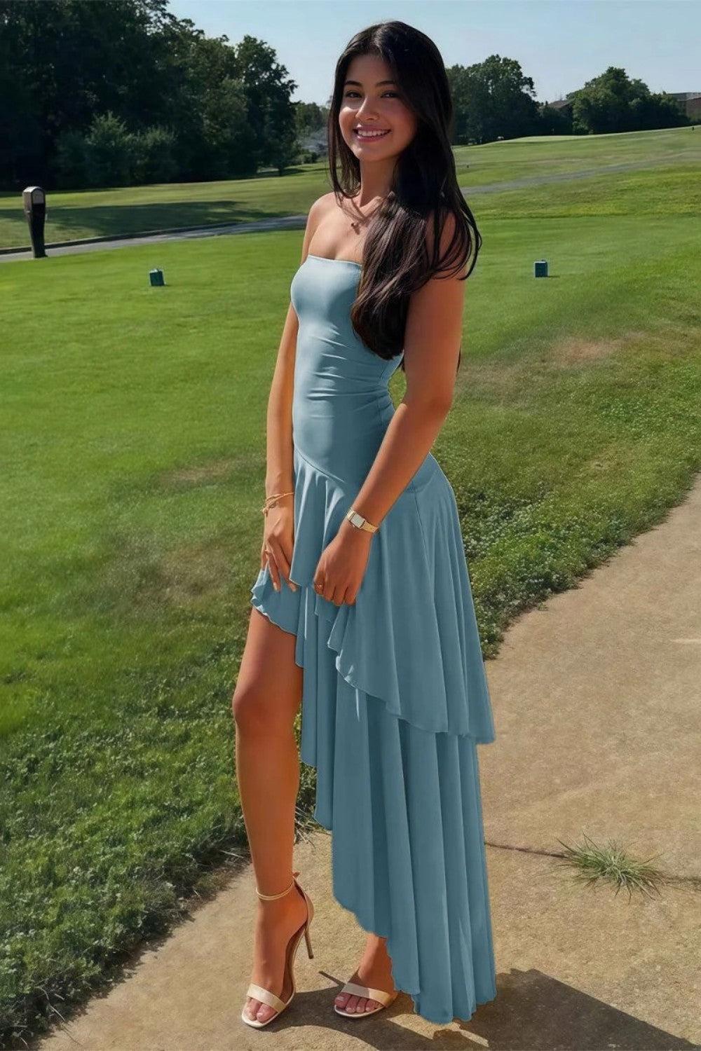 Charming Asymmetrical Strapless Blue Long Prom Dress With Ruffles Formal Evening Gown