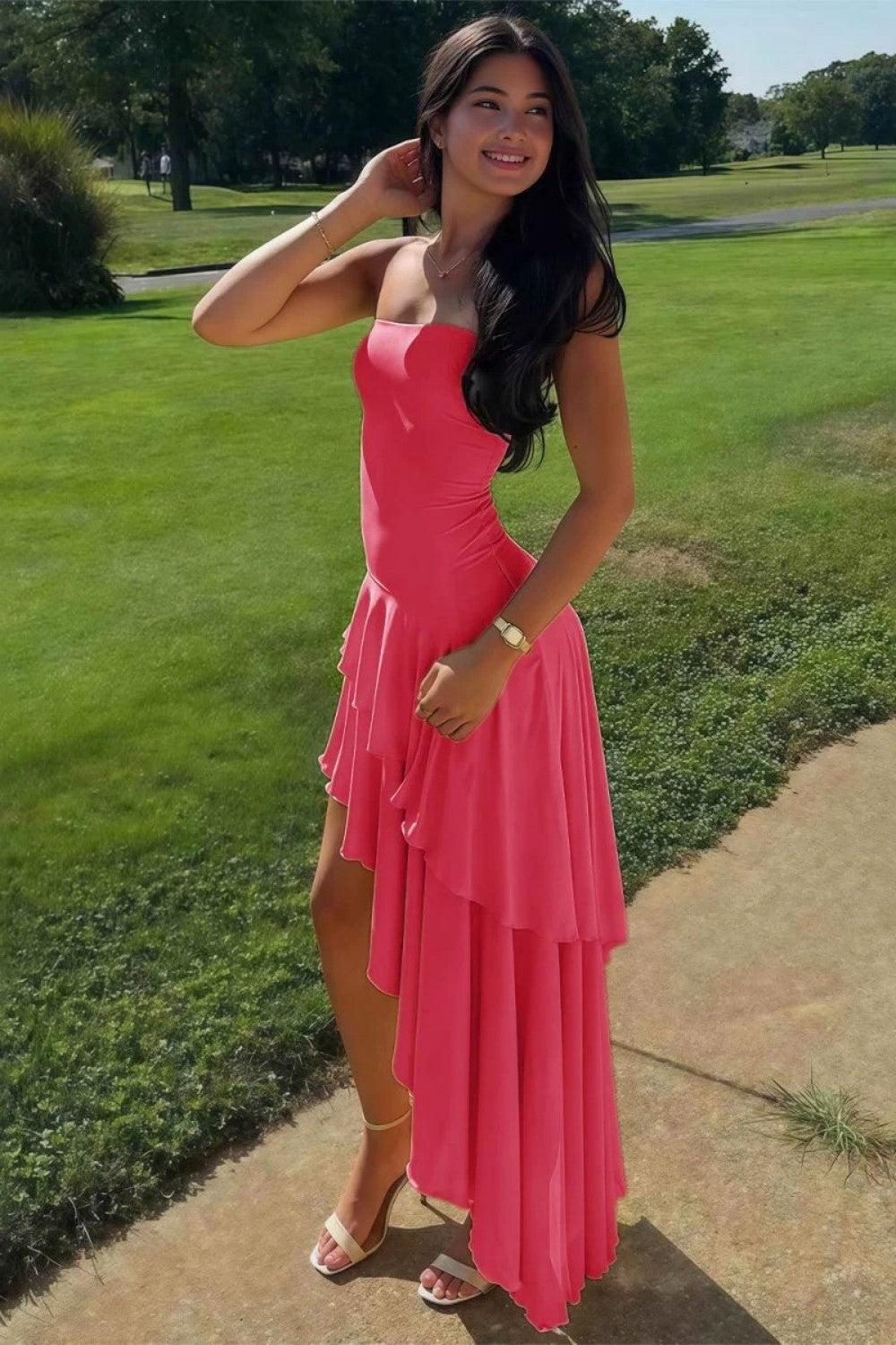 Charming Asymmetrical Strapless Blue Long Prom Dress With Ruffles Formal Evening Gown