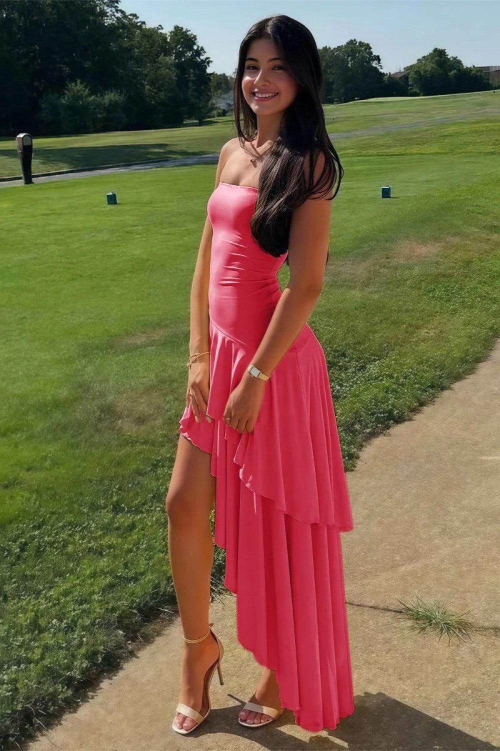 Charming Asymmetrical Strapless Blue Long Prom Dress With Ruffles Formal Evening Gown