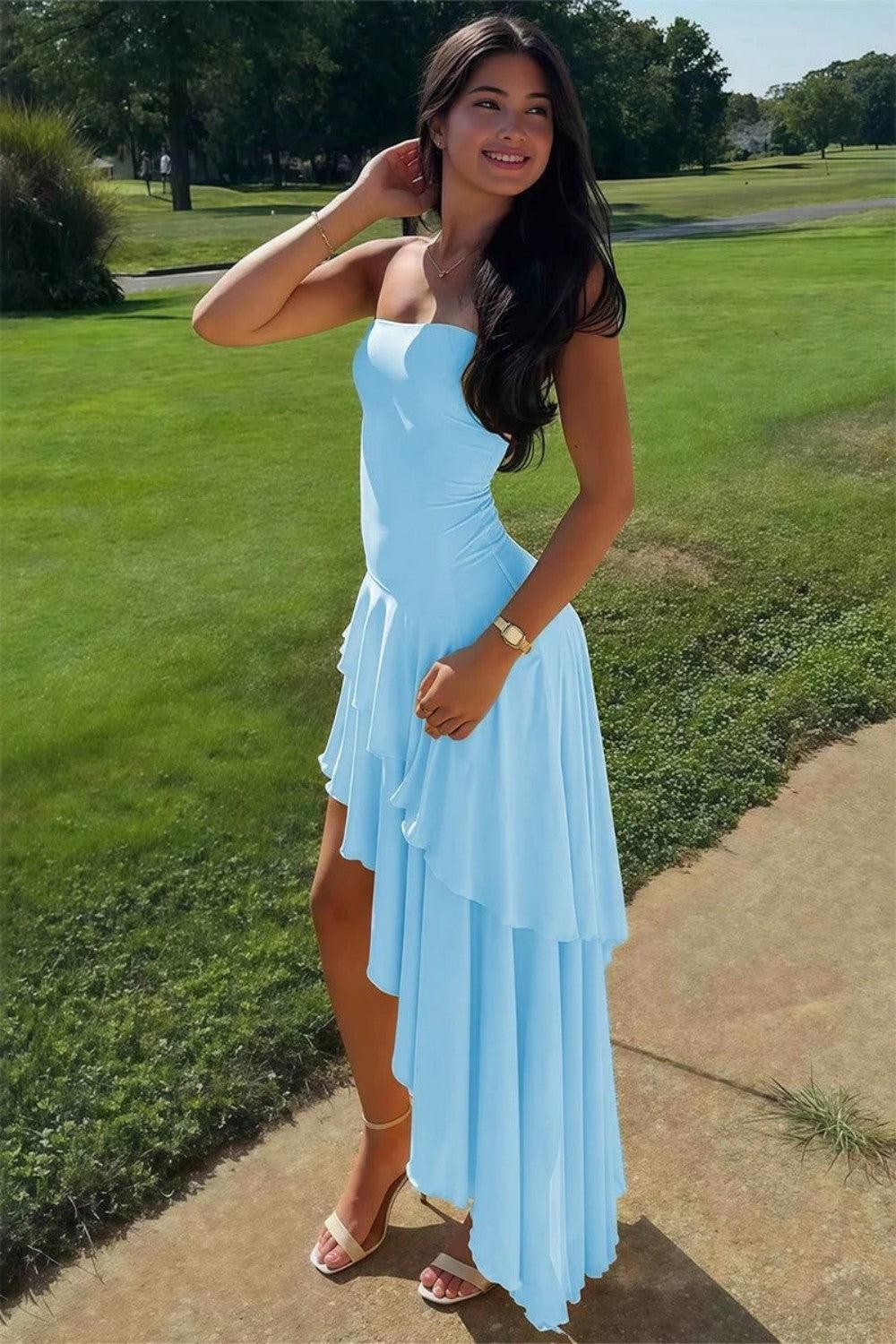 Charming Asymmetrical Strapless Blue Long Prom Dress With Ruffles Formal Evening Gown
