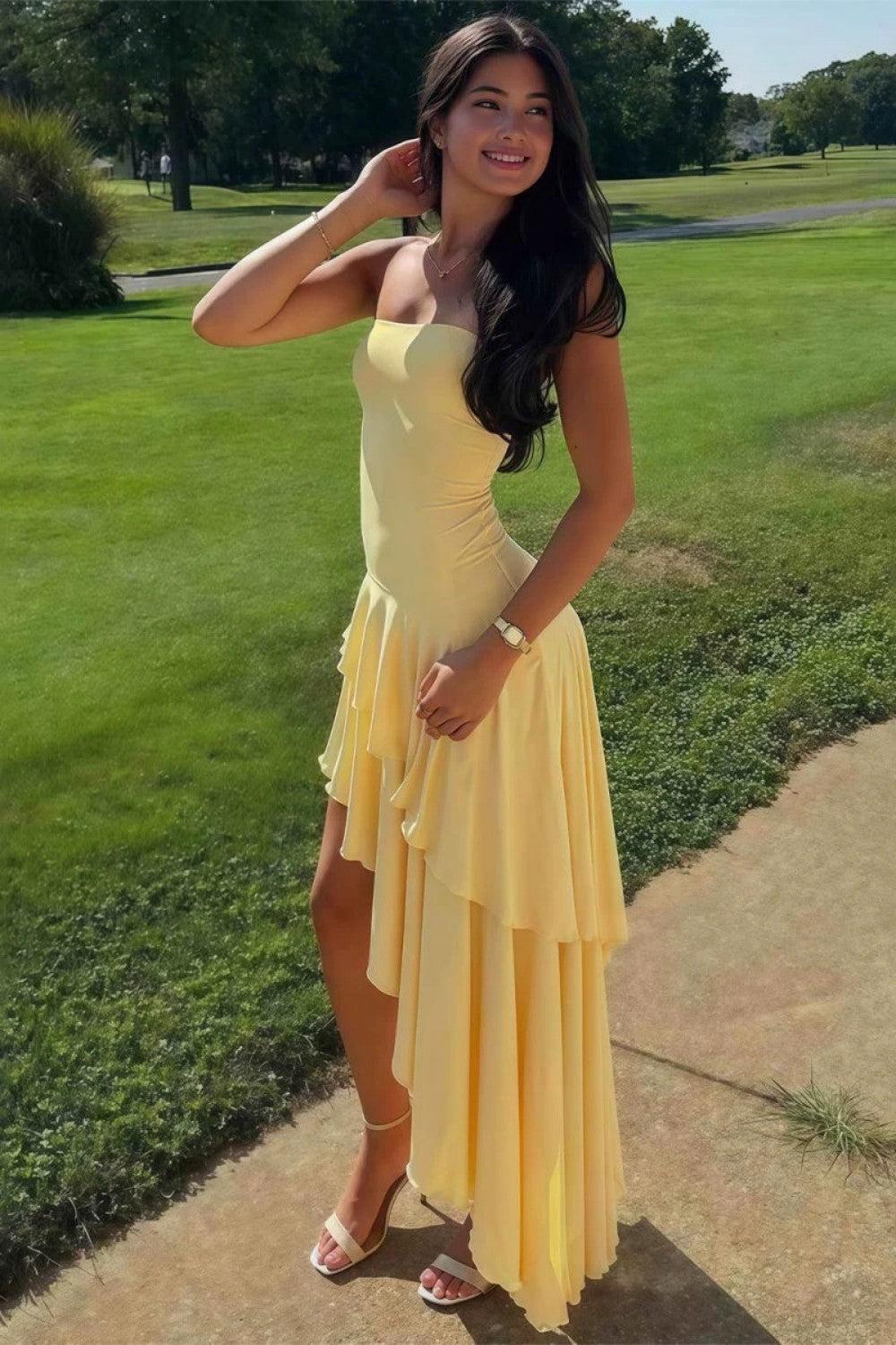 Charming Asymmetrical Strapless Blue Long Prom Dress With Ruffles Formal Evening Gown