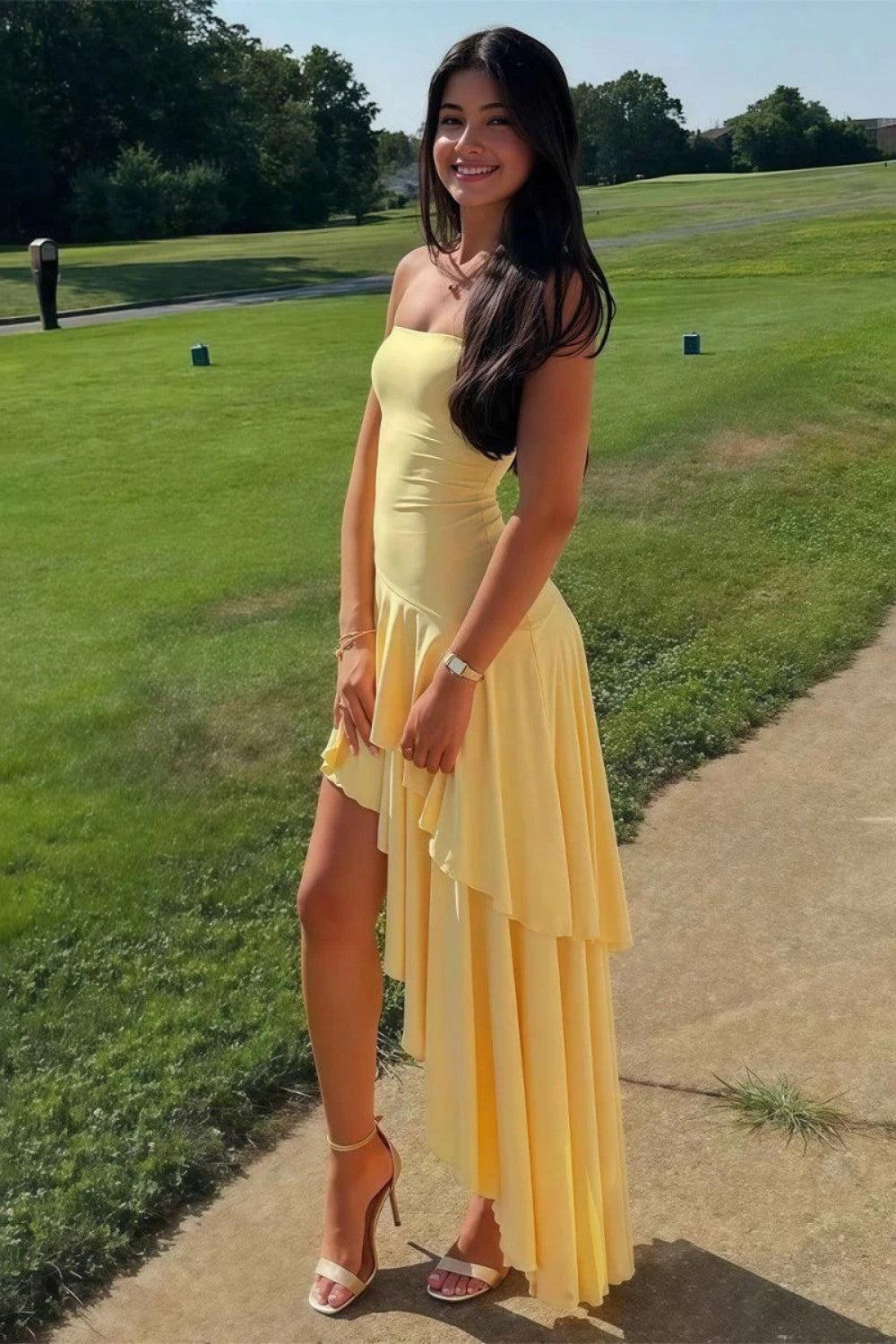 Charming Asymmetrical Strapless Blue Long Prom Dress With Ruffles Formal Evening Gown