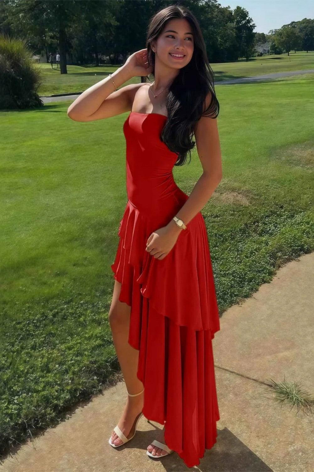 Charming Asymmetrical Strapless Blue Long Prom Dress With Ruffles Formal Evening Gown