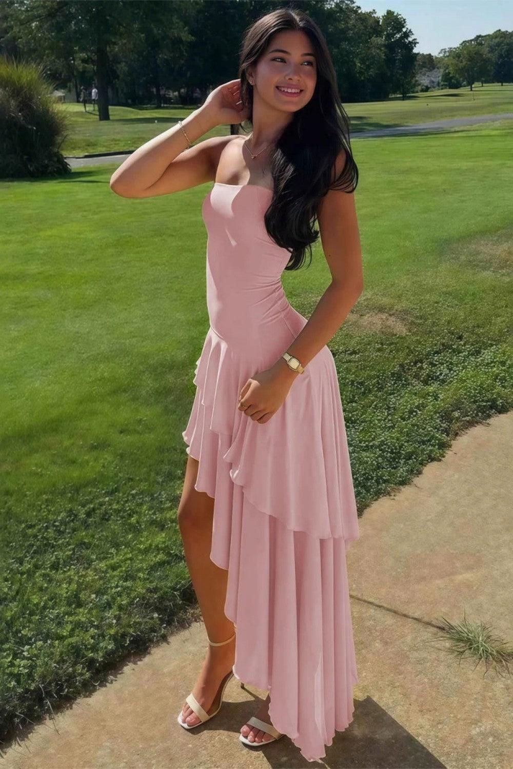 Charming Asymmetrical Strapless Blue Long Prom Dress With Ruffles Formal Evening Gown