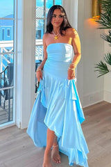 Charming Asymmetrical Strapless Blue Long Prom Dress With Ruffles Formal Evening Gown
