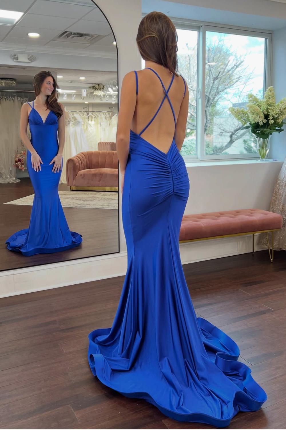 Charming Mermaid Spaghetti Straps Royal Blue Long Prom Dress With Backless Formal Evening Gown