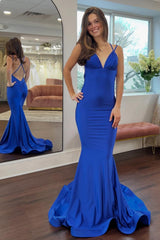 Charming Mermaid Spaghetti Straps Royal Blue Long Prom Dress With Backless Formal Evening Gown