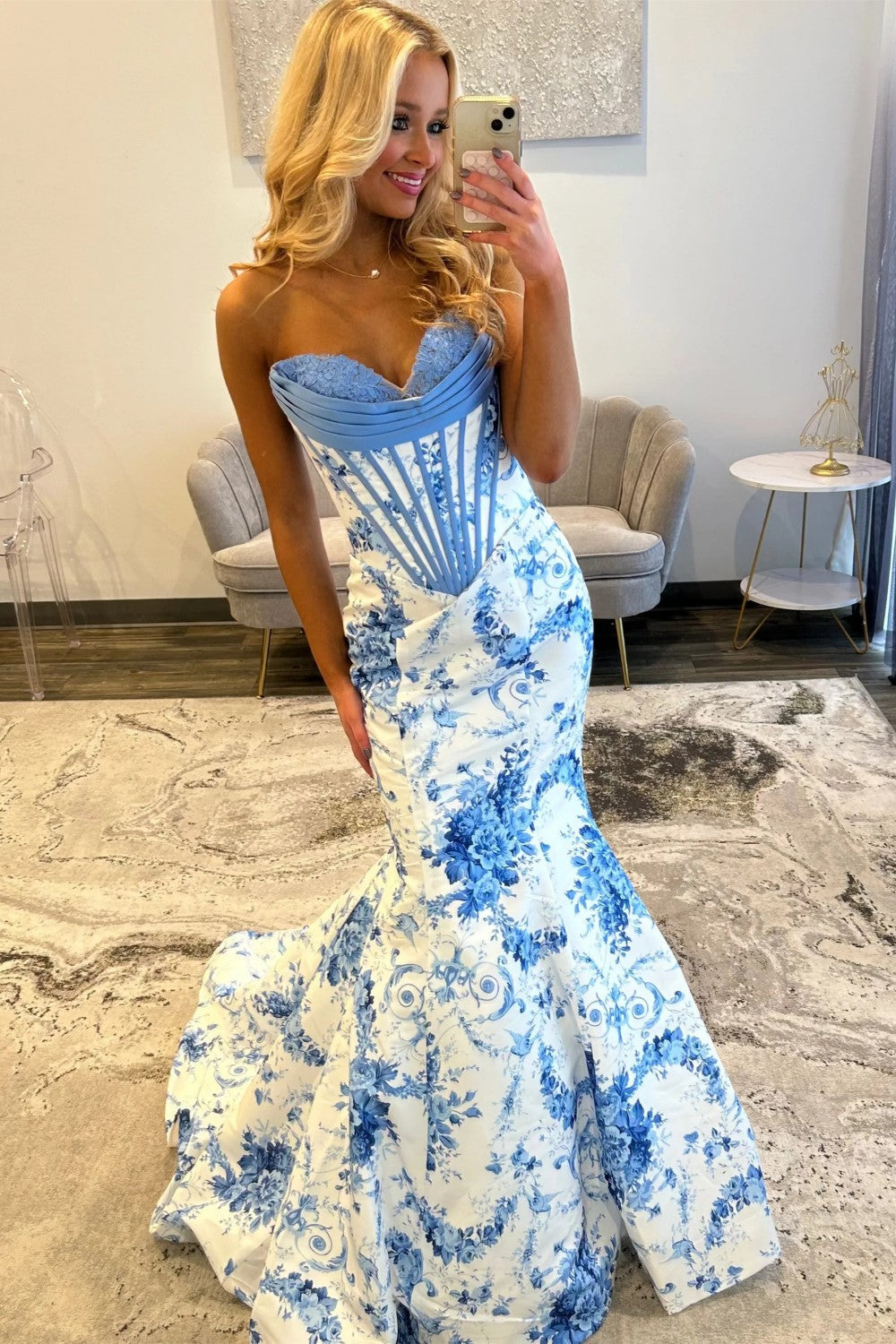 Charming Mermaid Sweetheart Blue Corset Prom Dress With Appliques Formal Evening Gown