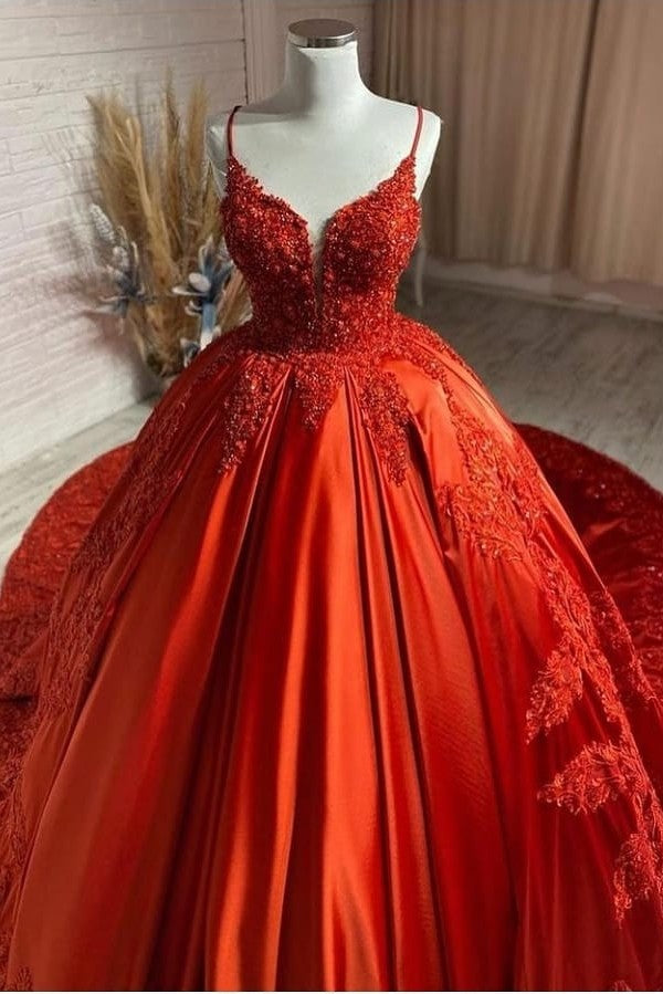 Charming Spaghetti Straps V Neck A Line Prom Dress Red Floral Appliques