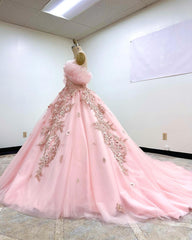 Chic Ball Gown Off Shoulder Puff Sleeves Flower Appliques Beaded Pink Tulle Princess Quinceanera Dress For Sweet 16