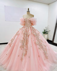 Chic Ball Gown Off Shoulder Puff Sleeves Flower Appliques Beaded Pink Tulle Princess Quinceanera Dress For Sweet 16