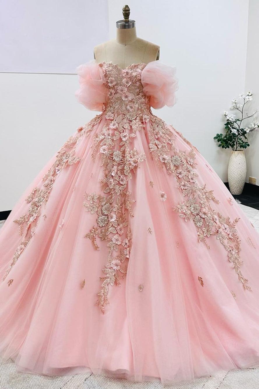 Chic Ball Gown Off Shoulder Puff Sleeves Flower Appliques Beaded Pink Tulle Princess Quinceanera Dress For Sweet 16
