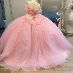 Chic & Cute Ball Gown Off Shoulder 3D Butterfly Lace Appliques Bow Knot Pink Tulle Quinceanera Dress Princess Party Gown For Sweet 16
