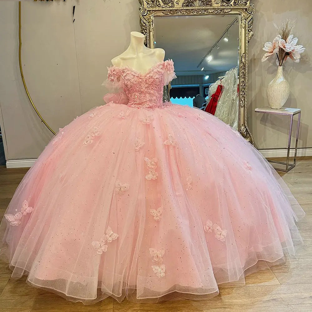 Chic & Cute Ball Gown Off Shoulder 3D Butterfly Lace Appliques Bow Knot Pink Tulle Quinceanera Dress Princess Party Gown For Sweet 16