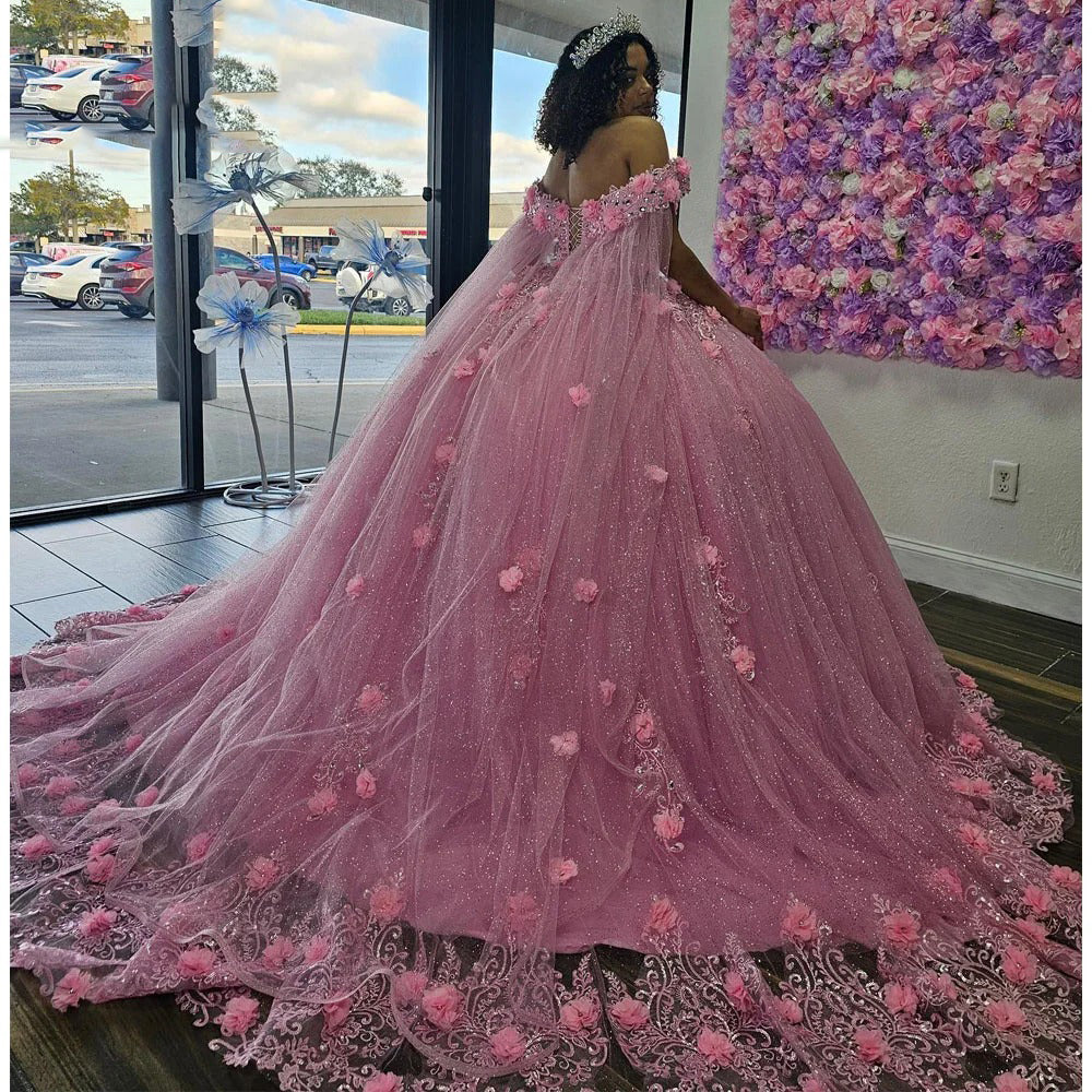 Chic & Cute Ball Gown Off Shoulder 3D Flower Lace Appliques Beaded Pink Tulle Quinceanera Dress Birthday Party Gown For Sweet 16