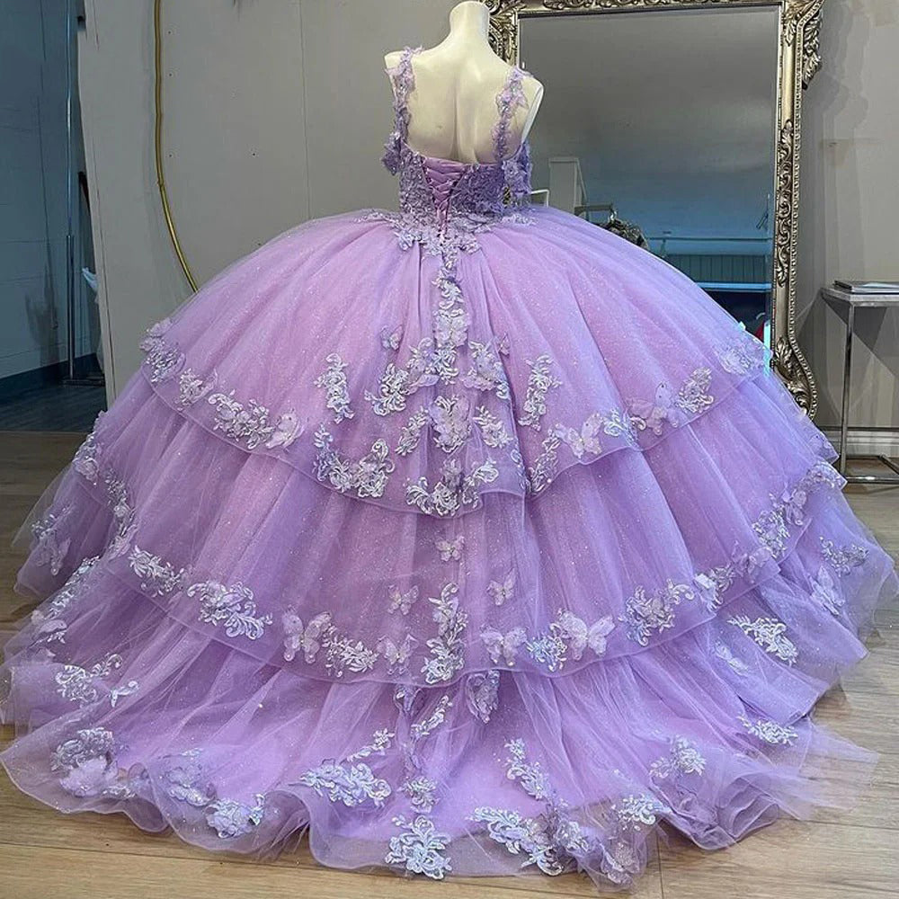 Chic & Cute Ball Gown Off Shoulder Lace Applique Beaded Tiered Ruffles Lilac Tulle Quinceanera Dress Birthday Party Princess Gown For Sweet 16