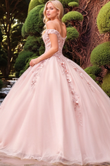 Chic & Cute Ball Gown Off Shoulder Sleeveless Beaded 3D Flower Appliques Lace Up Pink Tulle Quinceanera Dress Birthday Party Gown For Sweet 16