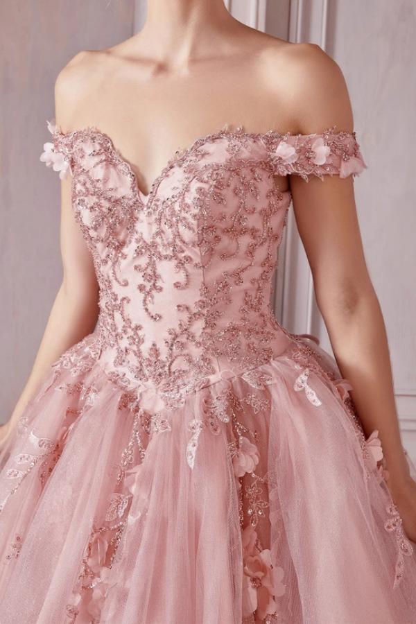 Chic & Cute Ball Gown Off Shoulder Sleeveless Beaded 3D Flower Appliques Lace Up Pink Tulle Quinceanera Dress Birthday Party Gown For Sweet 16