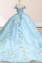 Chic & Modern Ball Gown Off Shoulder 3D Flower Appliques Lace Up Sweep Train Baby Blue Tulle Quinceanera Dress Birthday Party Dress For Sweet 16