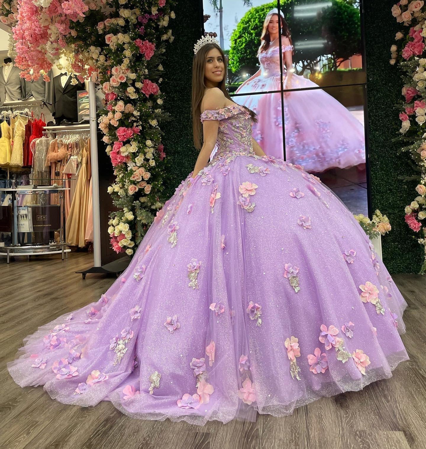 Chic & Modern Ball Gown Off Shoulder 3D Flower Appliques Sequins Lilac Tulle Formal Evening Partyquinceanera Dress Princess For Sweet 16