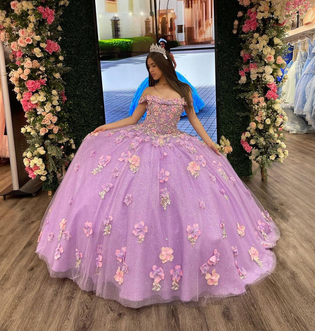 Chic & Modern Ball Gown Off Shoulder 3D Flower Appliques Sequins Lilac Tulle Formal Evening Partyquinceanera Dress Princess For Sweet 16