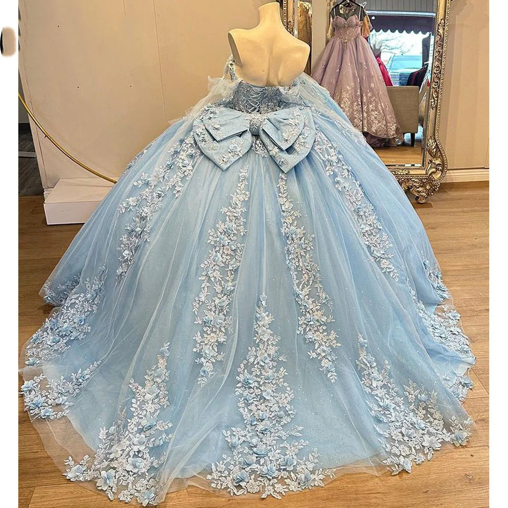 Chic & Modern Ball Gown Off Shoulder Bow Knot 3D Flower Lace Appliques Beaded Sky Blue Tulle Quinceanera Dress Birthday Party Gown For Sweet 16