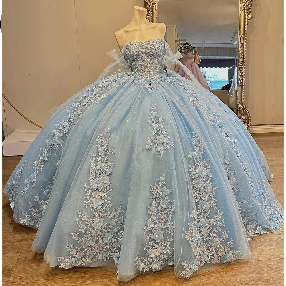 Chic & Modern Ball Gown Off Shoulder Bow Knot 3D Flower Lace Appliques Beaded Sky Blue Tulle Quinceanera Dress Birthday Party Gown For Sweet 16