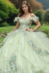 Chic & Modern Ball Gown Off Shoulder Flower Appliques Lace Up Bow Knot Mint Green Tulle Quinceanera Dress Birthday Party Dress For Sweet 16