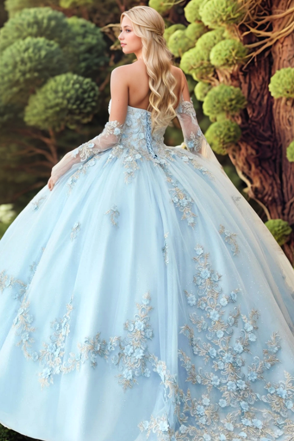 Chic & Modern Ball Gown Sweetheart Neck Detachable Long Bell Sleeves 3D Flower Appliques Lace Up Sky Blue Tulle Quinceanera Dress Formal Evening Party Gown For Sweet 16