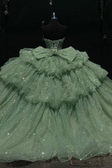 Chic & Modern Ball Gown Sweetheart Neck Lace Up Bow Knot Tiered Beaded Sequins Appliques Mint Green Sparkly Tulle Quinceanera Dress Birthday Party Gown For Sweet 16