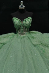Chic & Modern Ball Gown Sweetheart Neck Lace Up Bow Knot Tiered Beaded Sequins Appliques Mint Green Sparkly Tulle Quinceanera Dress Birthday Party Gown For Sweet 16