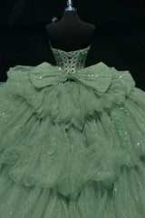 Chic & Modern Ball Gown Sweetheart Neck Lace Up Bow Knot Tiered Beaded Sequins Appliques Mint Green Sparkly Tulle Quinceanera Dress Birthday Party Gown For Sweet 16