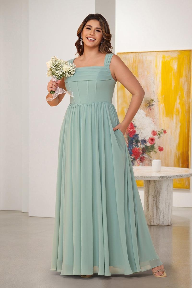 Chiffon A-Line/Princess Square Neck Sleeveless Plus Size Bridesmaid Dresses with Pleats