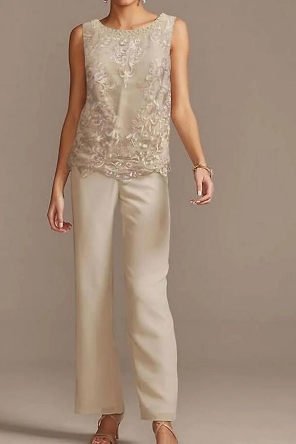 Chiffon Mother of the Bride Pantsuit 3/4 Sleeve Wedding Guest Pantsuit with Appliques