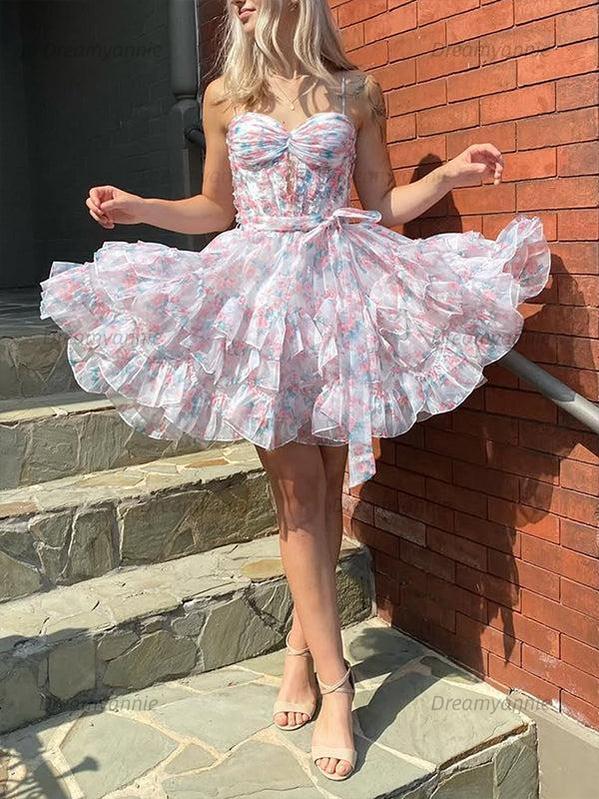 Chiffon Printing Ruffle Mini Ball Gown Homecoming Dress With Bow
