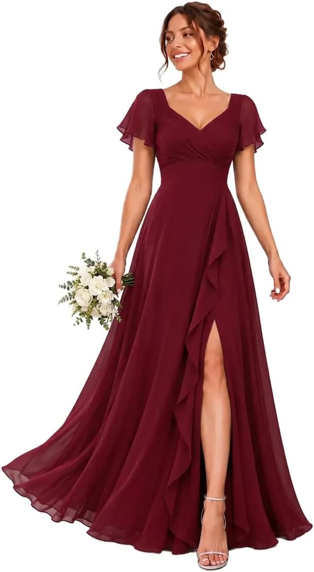 Chiffon V-Neck Bridesmaid Dress with Flutter Sleeves and Slit