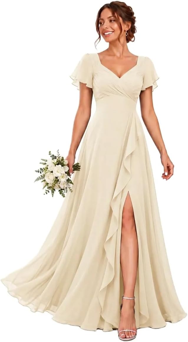 Chiffon V-Neck Bridesmaid Dress with Flutter Sleeves and Slit