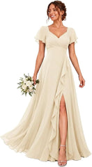 Chiffon V-Neck Bridesmaid Dress with Flutter Sleeves and Slit