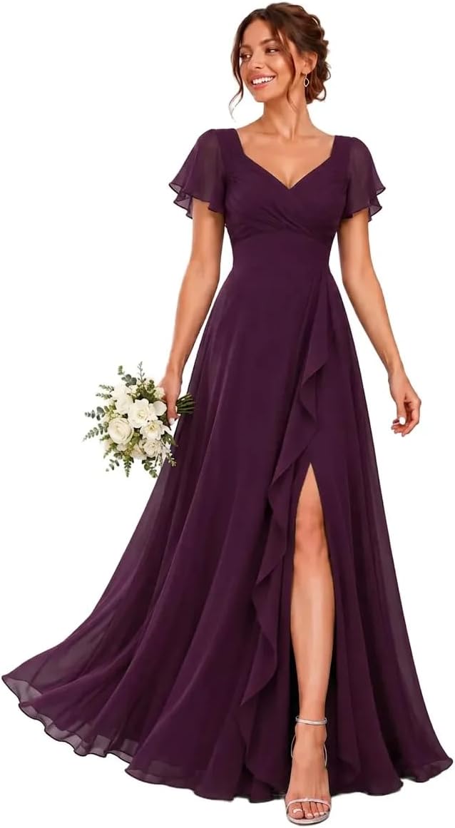 Chiffon V-Neck Bridesmaid Dress with Flutter Sleeves and Slit