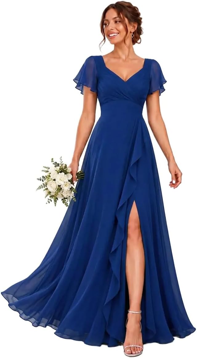 Chiffon V-Neck Bridesmaid Dress with Flutter Sleeves and Slit