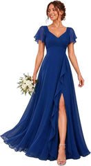 Chiffon V-Neck Bridesmaid Dress with Flutter Sleeves and Slit