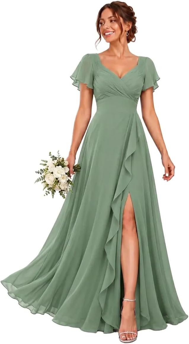 Chiffon V-Neck Bridesmaid Dress with Flutter Sleeves and Slit