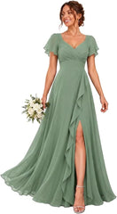 Chiffon V-Neck Bridesmaid Dress with Flutter Sleeves and Slit