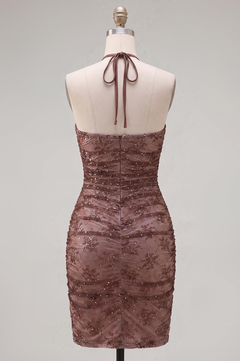 Chocolate Halter Ruched Tight Short Homecoming Dress with Beading