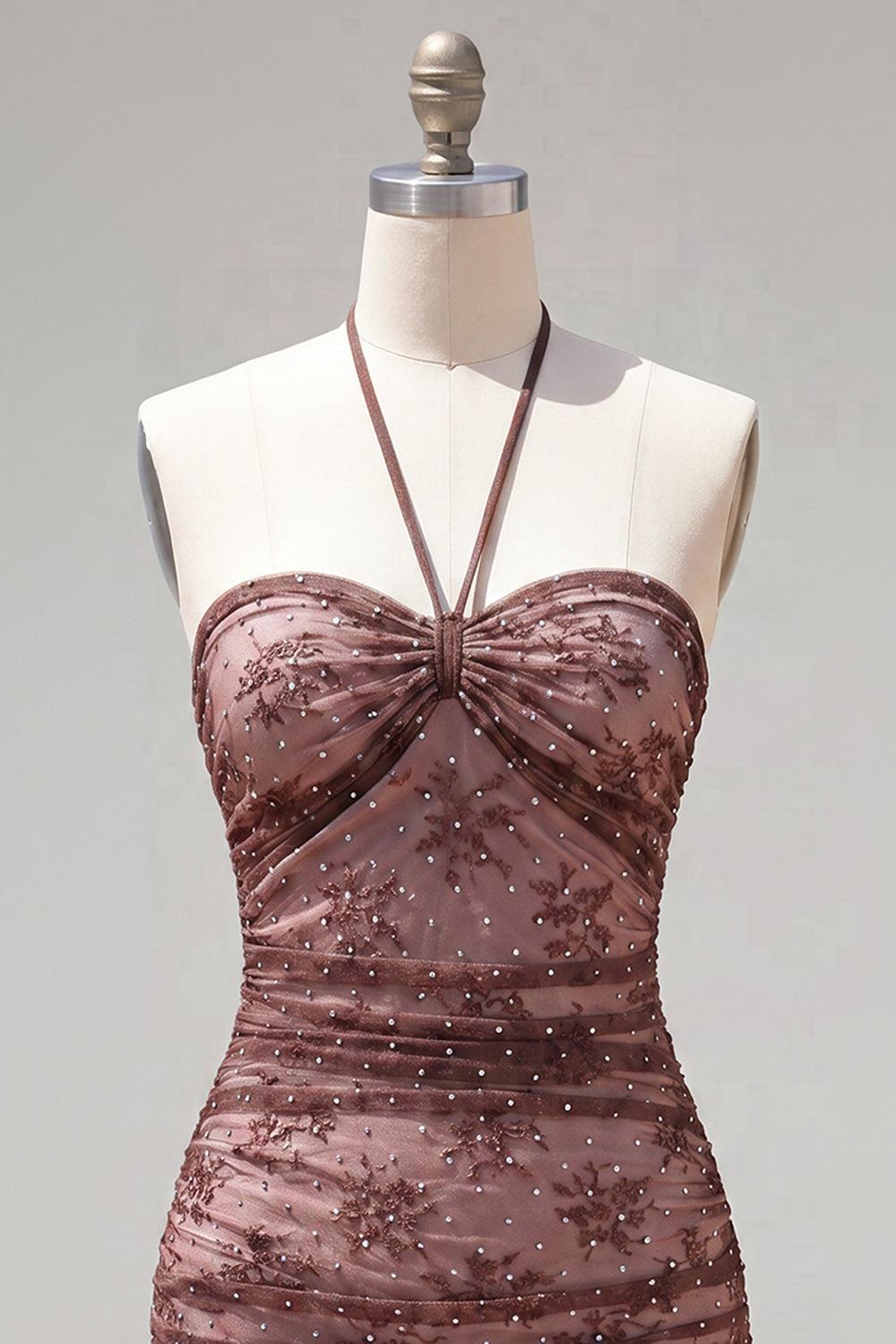 Chocolate Halter Ruched Tight Short Homecoming Dress with Beading