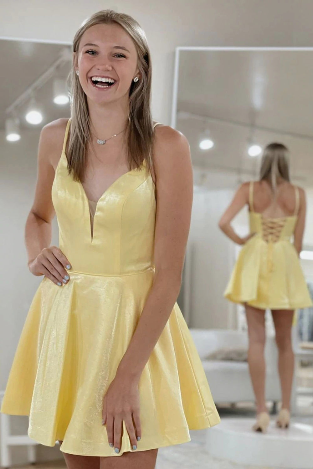 Classic A Line Spaghetti Straps Yellow Homecoming Dress Prom Dress with Criss Cross
